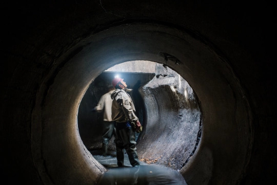 Two men standi in a large cavernous sewer. There is water on the ground and the men are wearing helmets with lights on the front. One man looks upward towards light streaming into the sewer.