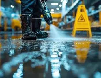 Pressure washing an industrial floor.