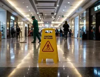 Busy retail shopping centre being cleaned by an operative with a sweeping brush.