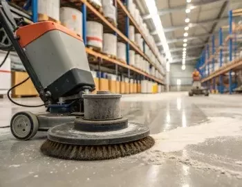 Cleaning a warehouse floor with a scrubber-drier.