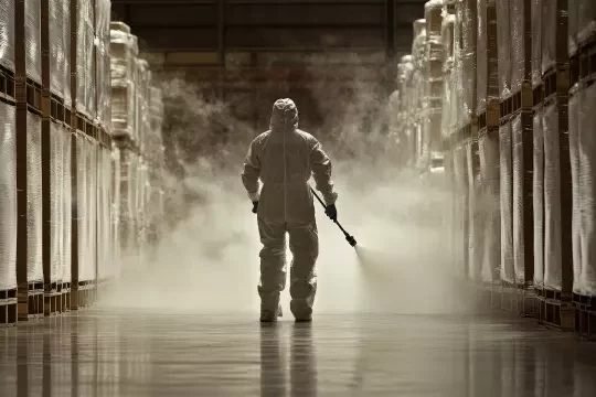 A cleaning technician dressed in a protective full-body suit uses a fog spray to sterilise a warehouse environment.